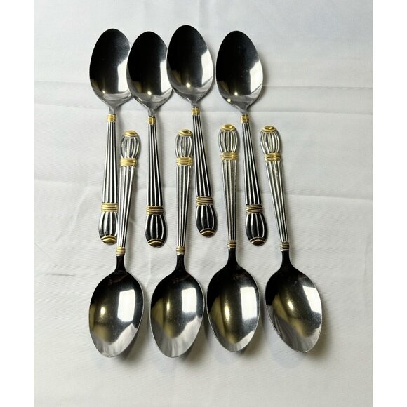 Stainless Steel Soup Spoons Ribbed Handle Silver W/Gold Accent Set of 8 Modern - Picture 1 of 8